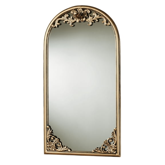 Traditional Rosetta Aged Gold Arched Hanging Wall Mirror; Classic Victorian Scrolls