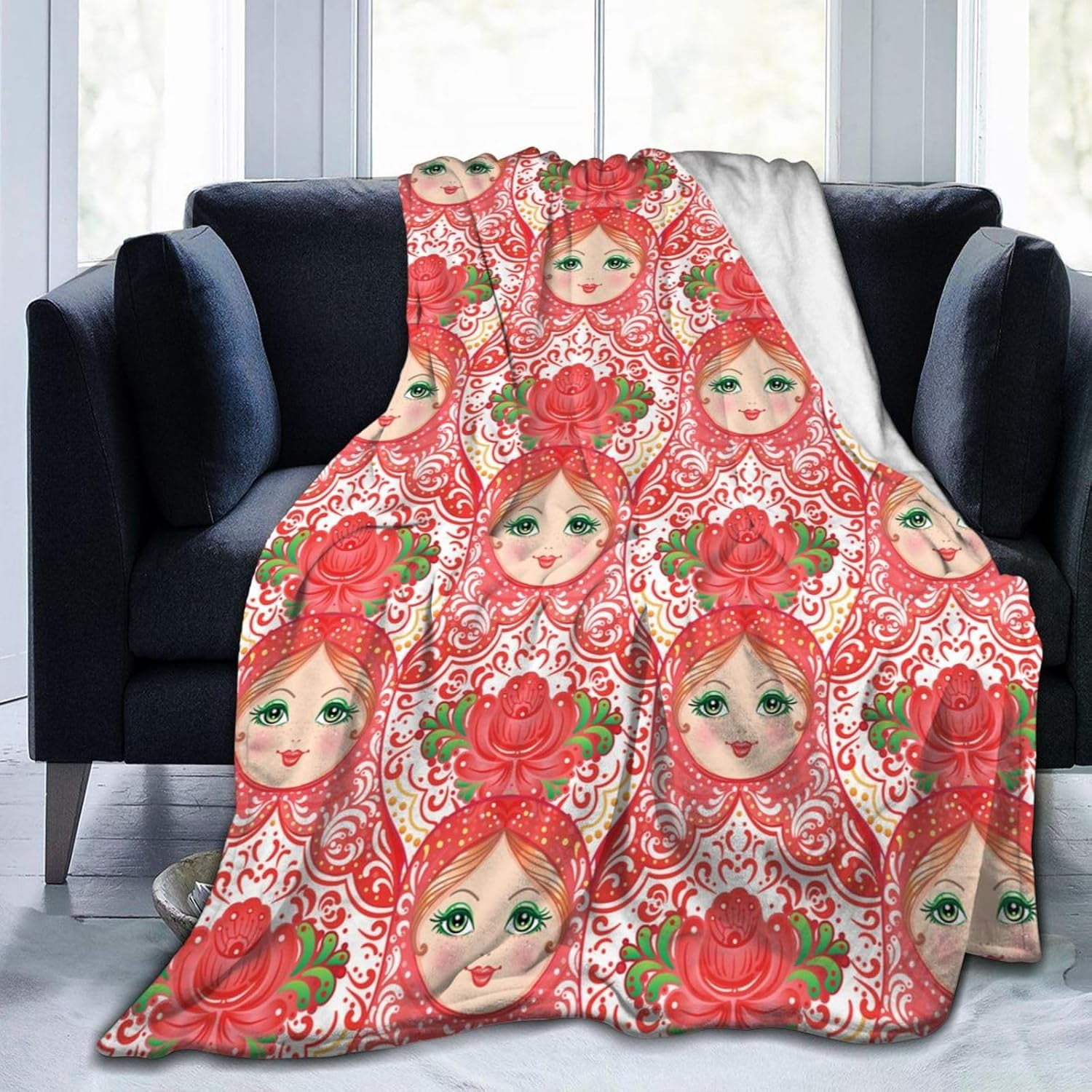 Traditional Russian Nesting Doll with Flowers Bed Blanket Ultra Soft Throw Blanket All Season Warm Light Weight Cozy Plush Blankets for Home Bedroom Sofa Chair Travel, 60"X80"