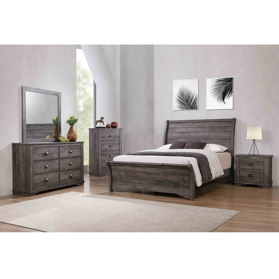 Traditional Rustic Style 5pc King Size Bed Dresser Mirror Nightstand Set Bedroom Wooden Furniture Gray Finish