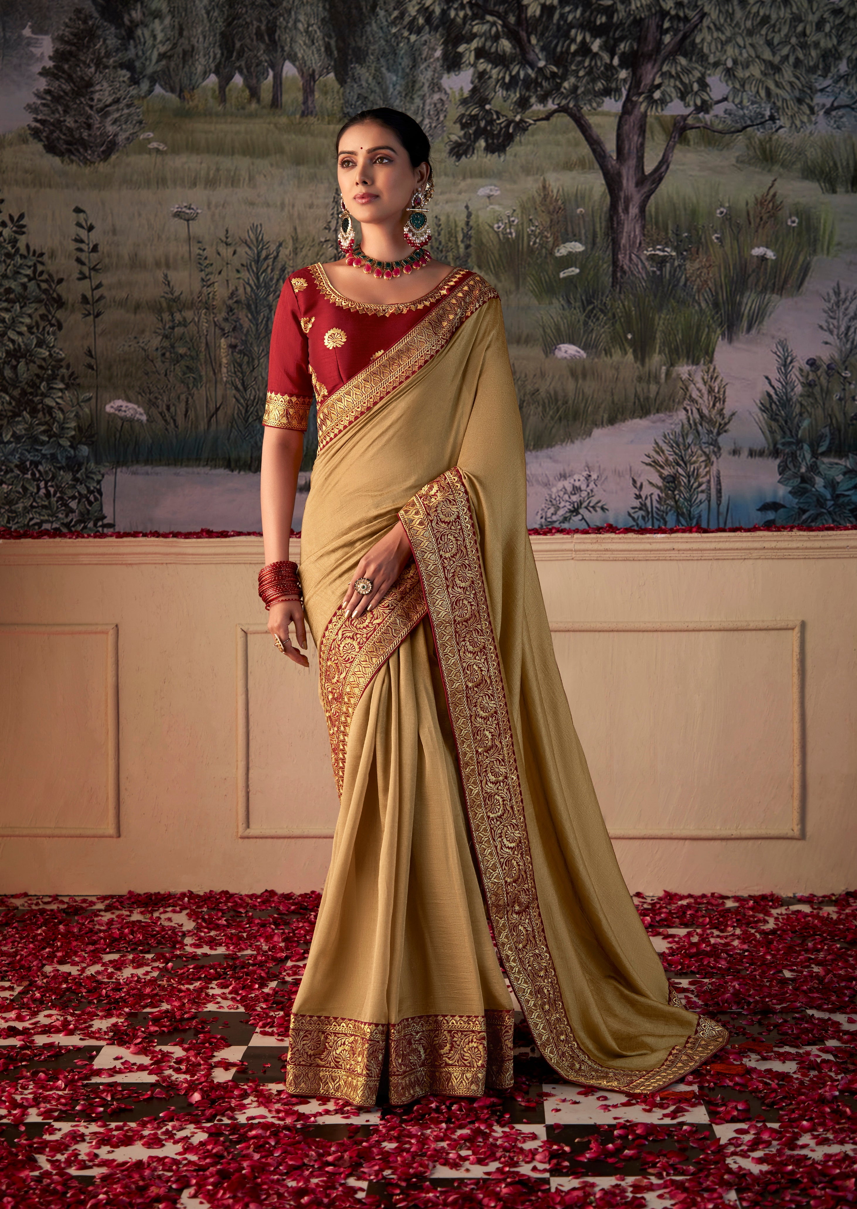 Traditional Sandy Brown Colored Vichitra Gota Patti Saree - Walmart.com