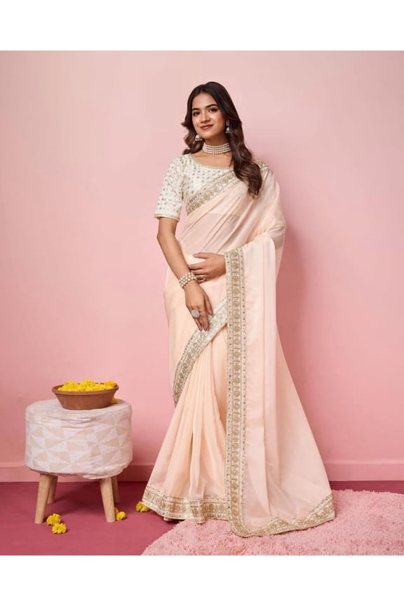 Traditional Sari Bollywood Indian Wedding Party Wear Organza Silk Saree Blouse and Soft Taby Silk Organza Saree