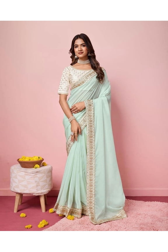 Traditional Sari Bollywood Indian Wedding Party Wear Organza Silk Saree Blouse and Soft Taby Silk Organza Saree