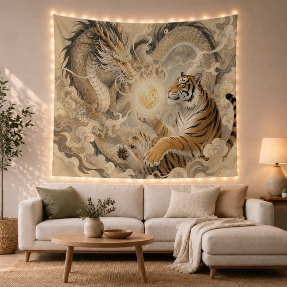 Traditional Serpentine Dragon with Tiger Facing Each Other, Mystical Fantasy for Space Lovers, Galaxy Room Decor, Housewarming Gift, Tapestry Wall Hanging for Bedroom and Dorm