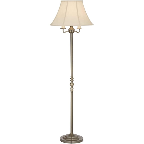 Traditional Shabby Chic Floor Lamp Standing Pole 59" Tall Antique Brass Gold Metal Off White Bell Shade Candelabra Decor for Living Room Reading House Bedroom Home