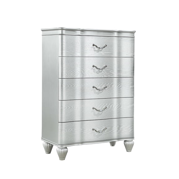 Traditional Silver 5-Drawer Wood Chest, Vertical Bedroom Storage Dresser with Decorative Metal Pulls and Curved Front, Tall Space-Efficient Design