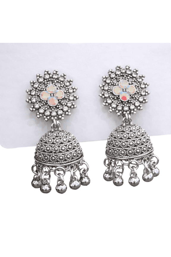 Traditional Silver Plated Floral Jhumka Earrings with Crystal Stones, Ethnic Indian Jewelry for Women Wedding Party Festive Wear