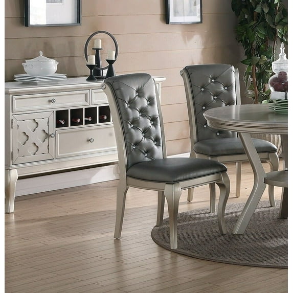 Traditional Silver hue Set of 6 Dining Chairs Formal Tufted Back Upholstered Cushion Seat Kitchen Breakfast Room Side Chairs