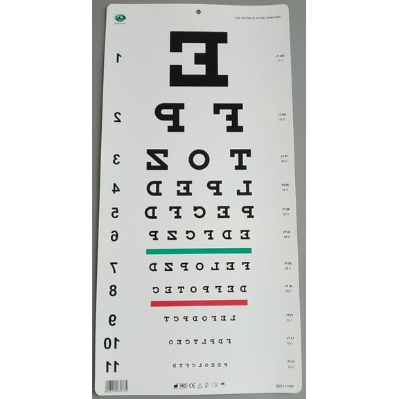BASCH Traditional Snellen Eye Chart with Red Green Bar Visual Acuity Test 6m / 20ft Reverse