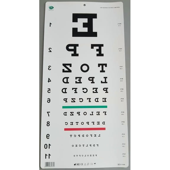 BASCH Traditional Snellen Eye Chart with Red Green Bar Visual Acuity Test 6m / 20ft Reverse