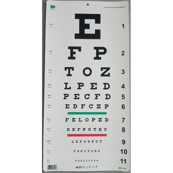 BASCH Traditional Snellen Eye Chart with Red Green Bar Visual Acuity Test 6m / 20ft