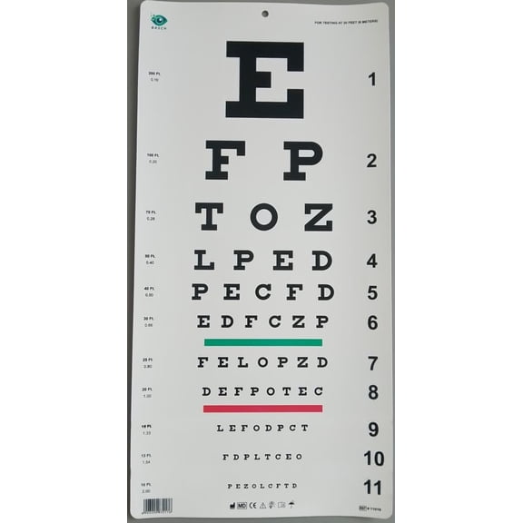 BASCH Traditional Snellen Eye Chart with Red Green Bar Visual Acuity Test 6m / 20ft