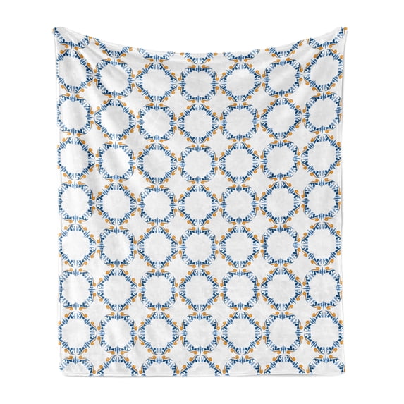 Traditional Soft Flannel Fleece Blanket, Bound Medieval Pattern in Renaissance Style Royal Old Fashioned Inspiration, Cozy Plush for Indoor and Outdoor Use, 70" x 90", Marigold Blue, by Ambesonne