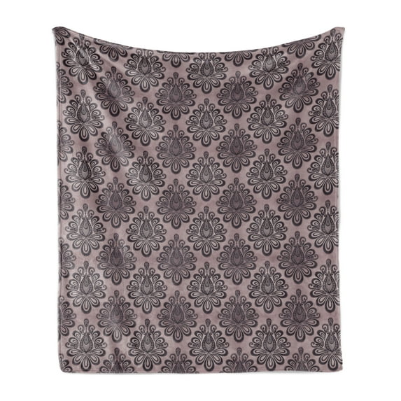 Traditional Soft Flannel Fleece Blanket, Damask Style Grey Motifs with Little Dots and Curly Leaves Vintage Art, Cozy Plush for Indoor and Outdoor Use, 50" x 70", Mauve Charcoal Grey, by Ambesonne