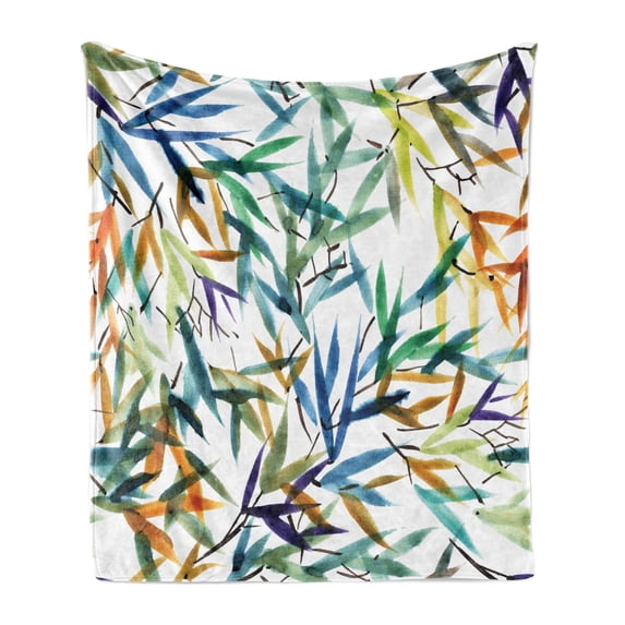 Traditional Soft Flannel Fleece Throw Blanket, Colorful Bamboo Tree Leaves Hand Drawn Style Plants Picture Print, Cozy Plush for Indoor and Outdoor Use, 70" x 90", Multicolor, by Ambesonne