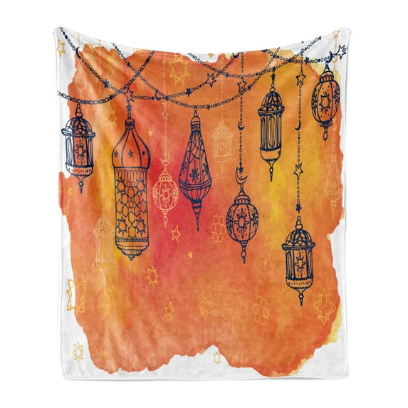 Traditional Soft Flannel Fleece Throw Blanket, Lanterns Garland Middle Eastern Theme Oriental Artwork, Cozy Plush for Indoor and Outdoor Use, 70" x 90", Orange Vermilion Black, by Ambesonne