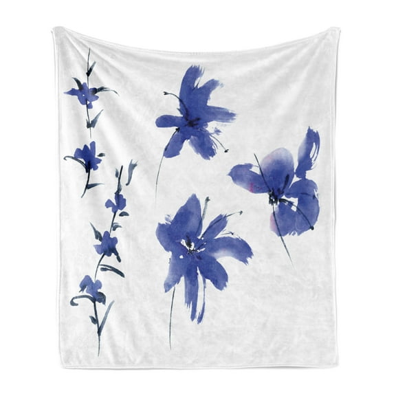 Traditional Soft Flannel Fleece Throw Blanket, Oriental Watercolor Inspired Plum Blossom Petals Eastern Artwork Print, Cozy Plush for Indoor and Outdoor Use, 70" x 90", Dark Violet, by Ambesonne