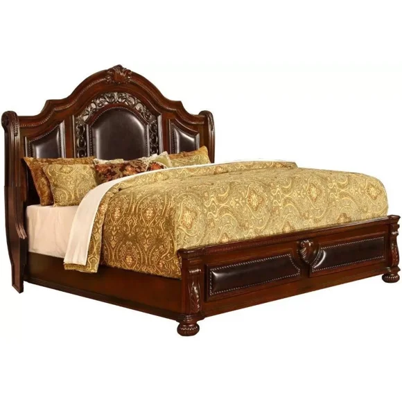 Traditional Solid Wood Eastern King Size Bed Frame with Faux Leather Headboard and Footboard, Cherry Finish