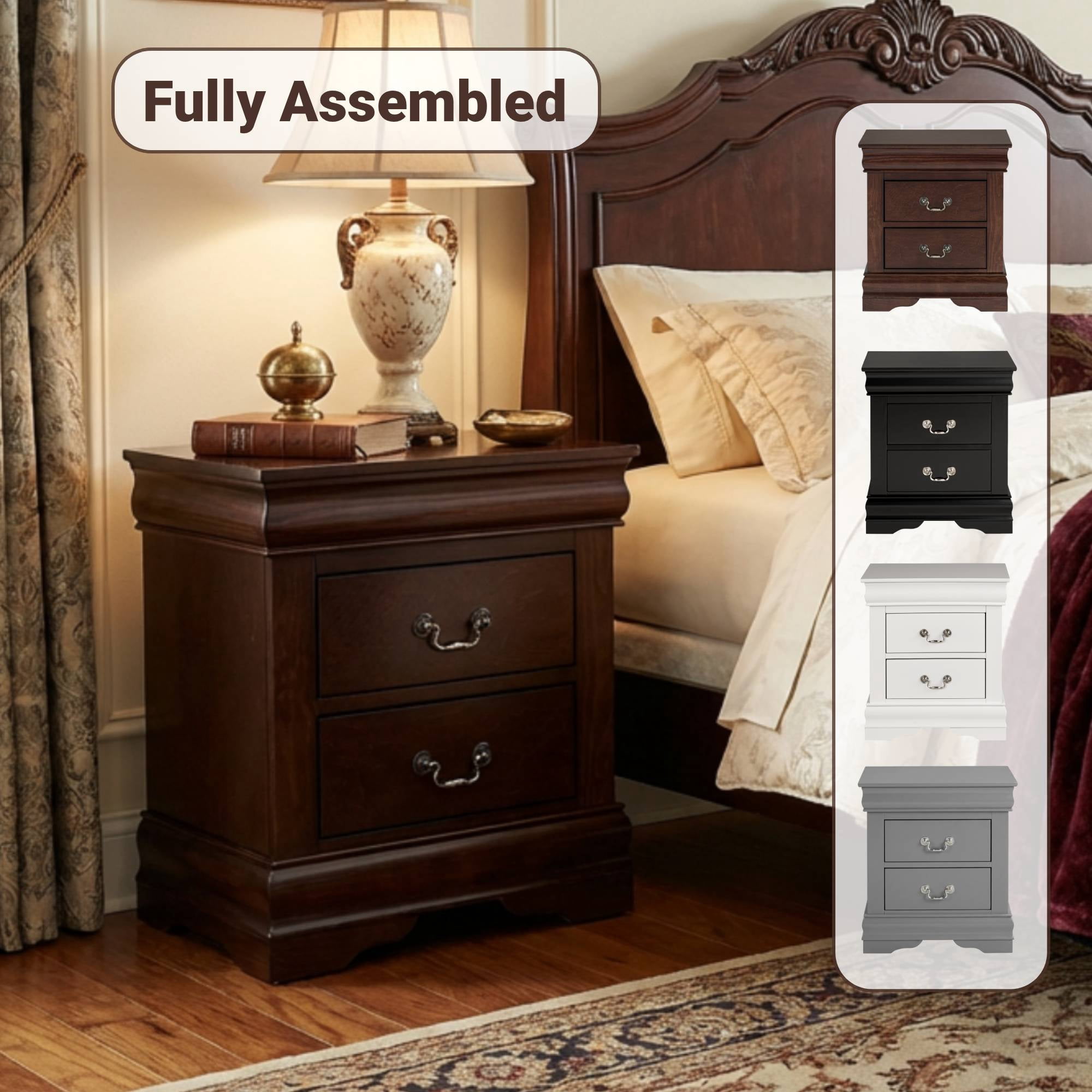 Traditional Solid Wood Nightstand with 2 Drawers in Black / Dark Cherry / White