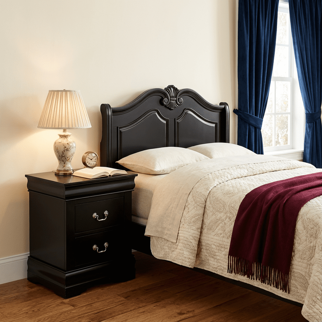 Traditional Solid Wood Nightstand with 2 Drawers in Black / Dark Cherry / White