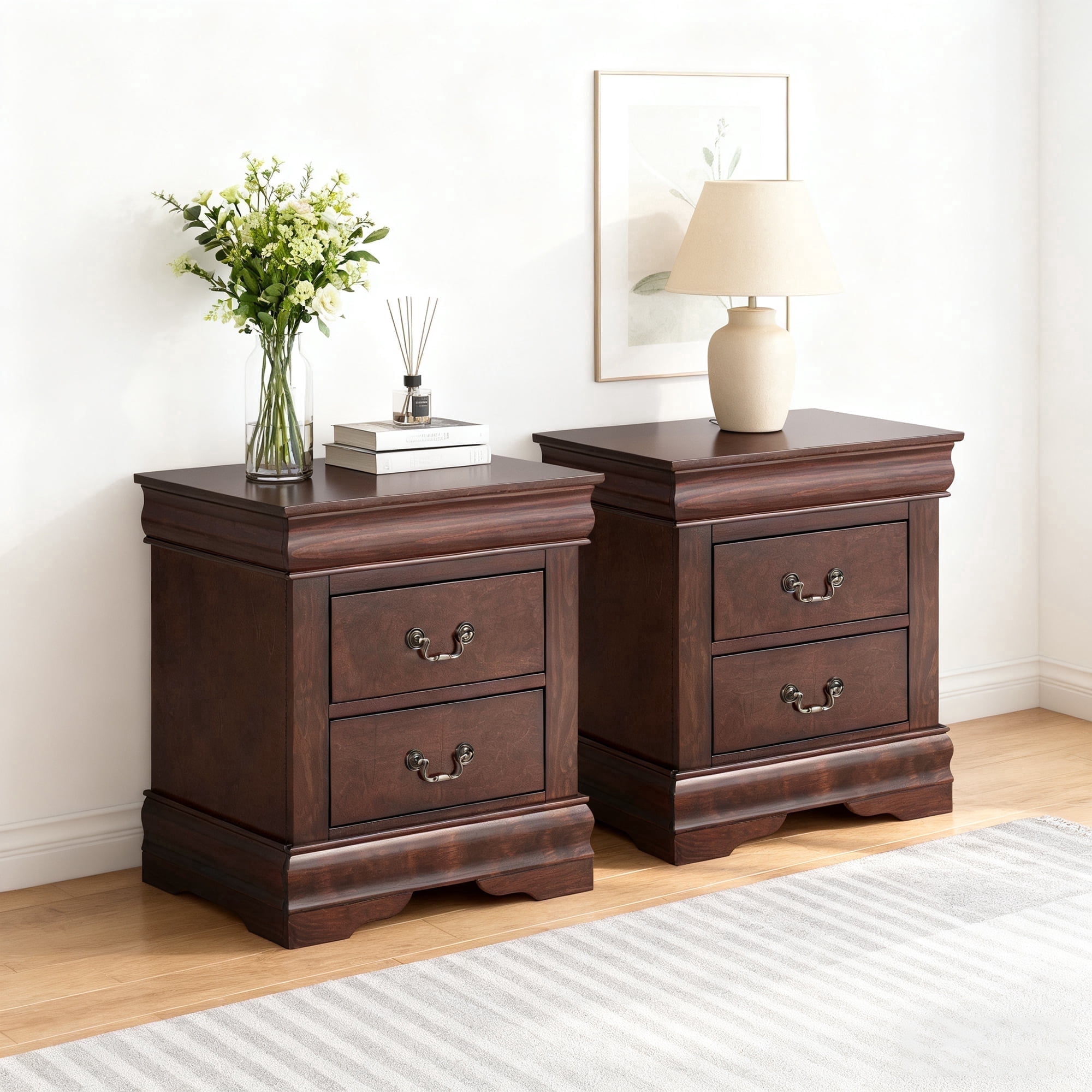 Leovanni Solid Wood Nightstand Set of 2, End Table with Drawers and Metal Handles, No Assembly Required, For Bedroom, Living Room, Adult, Cherry