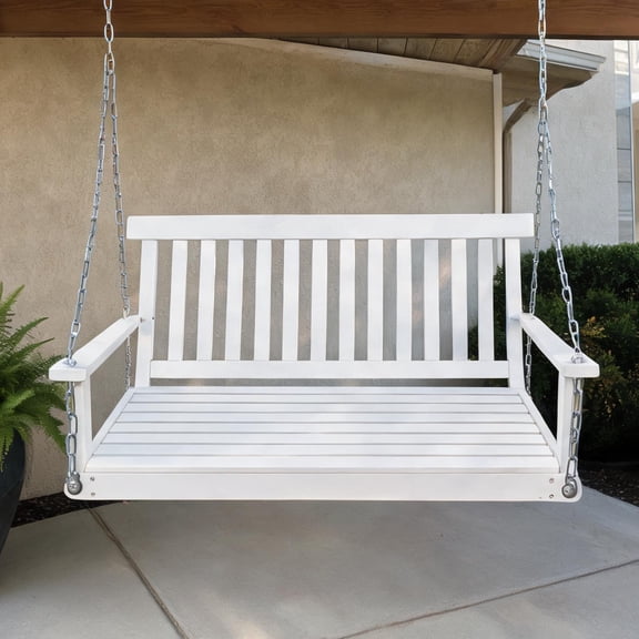 Traditional Solid Wood Porch Swing with Chains, Seats 2, Soft White Finish, 47.2 Inches Wide