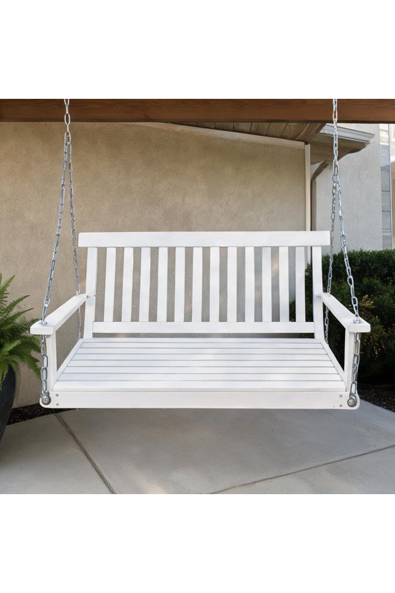 Traditional Solid Wood Porch Swing with Chains, Seats 2, Soft White Finish, 47.2 Inches Wide