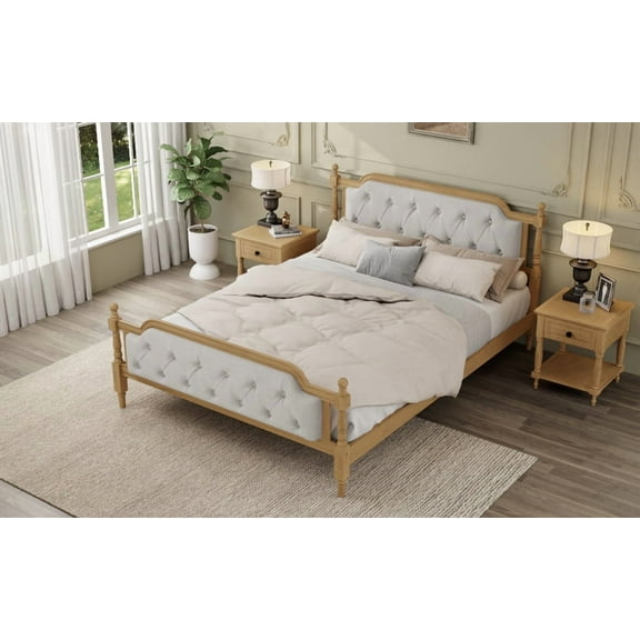 Traditional Solid Wood Queen Bed Frame | French Provincial Style Tufted Linen Headboard | Antique Walnut Finish | No Box Spring Needed | Bedroom Furniture | 84.8" L x 62.8" W