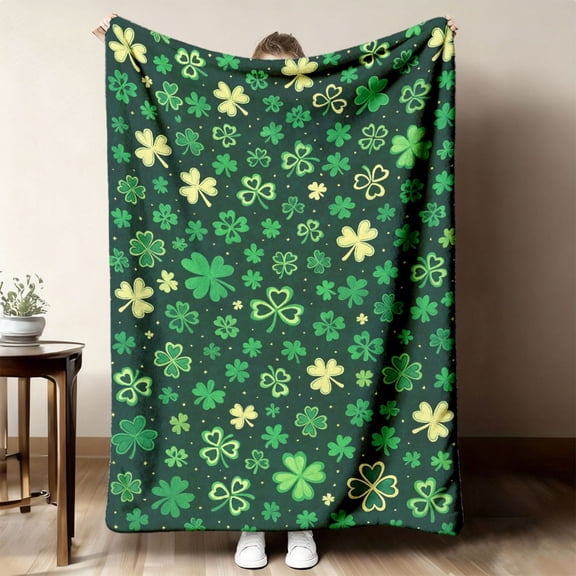 Traditional St Patrick's Day Flannel Blanket - Soft Lightweight Throw, Irish Shamrock Print, All-Season, Machine Washable Polyester