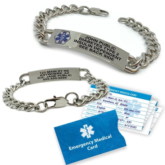 Traditional Stainless Steel Curb Link Medical ID Bracelets for Men. Custom Engraved, Shipping, Emergency Medical Card. Complimentary Access PHR (Personal Health Record)