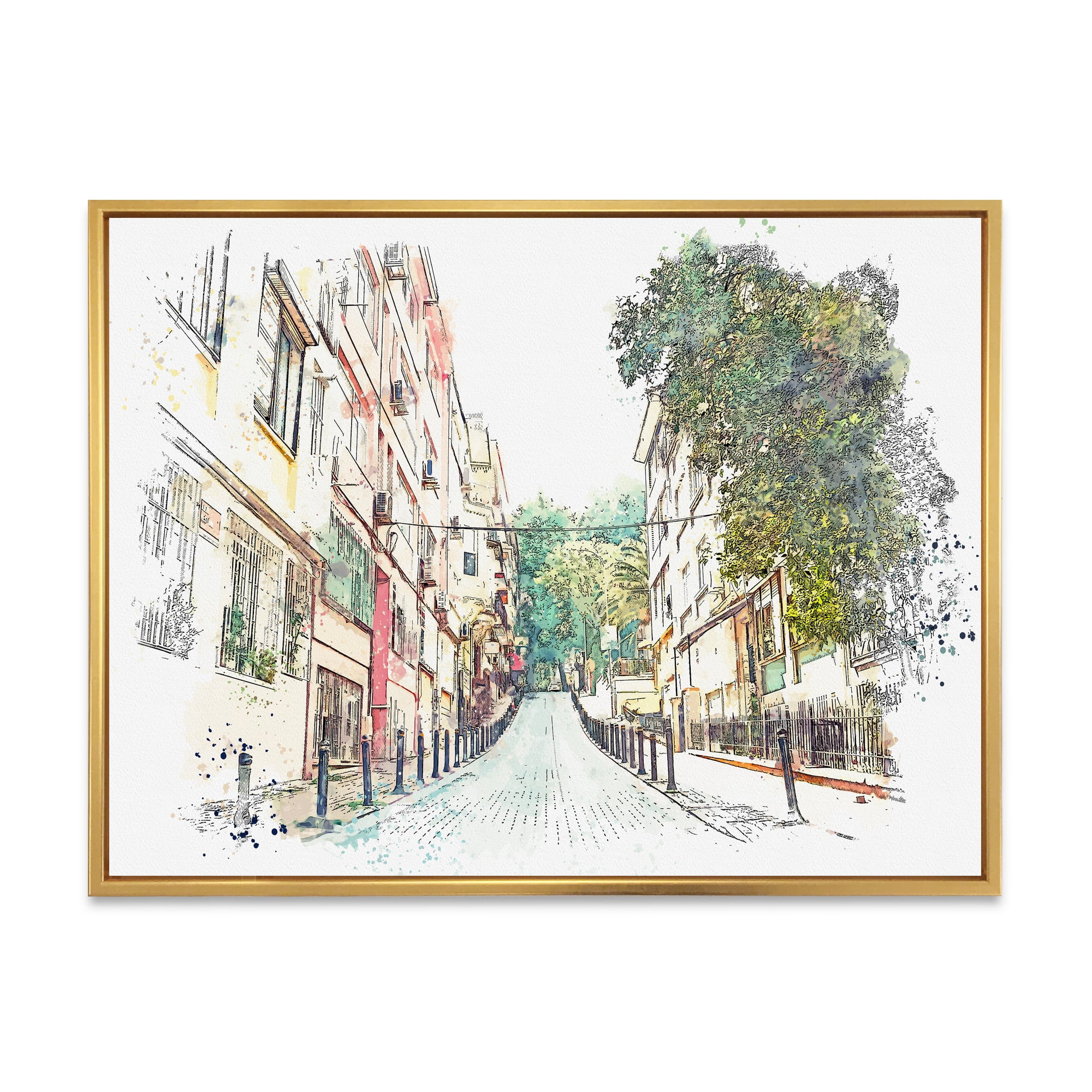 Traditional Street In City Istanbul 32 in x 24 in Framed Painting Canvas Art Print, by Designart
