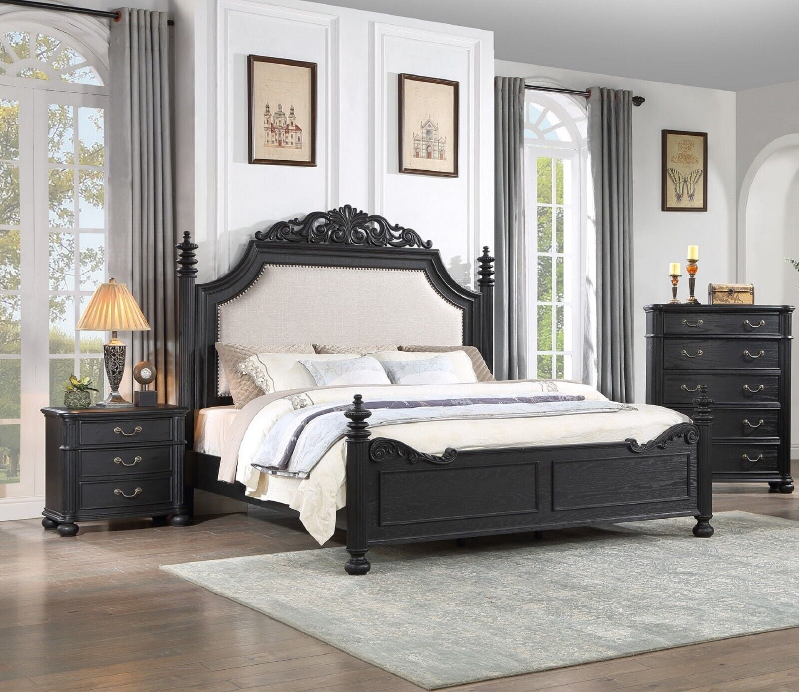 Traditional Style 3pc Dark Brown Queen Size Upholstery Bed Nightstand