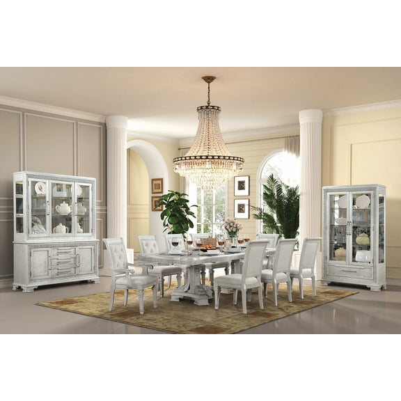 Traditional Style 9pc Dining Table Set 6x Side Chairs 2x Arm Chairs 1x Extendable Table Ornate Corbels Ivory Finish Dining Room Furniture