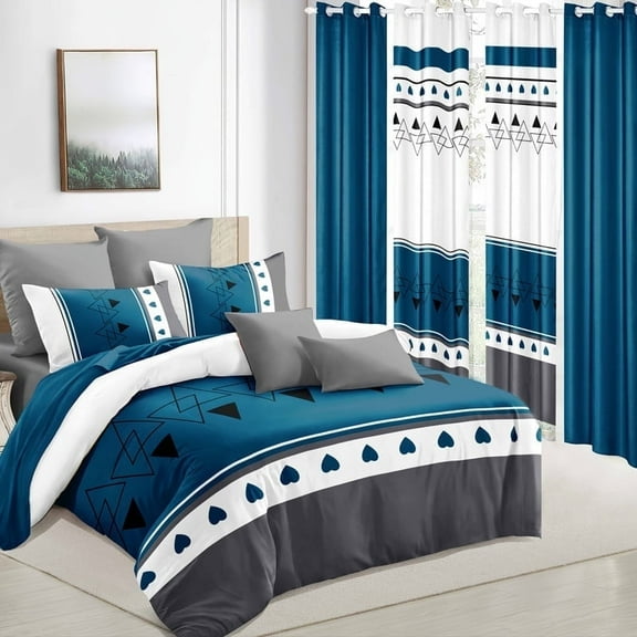 9pcs Quilt Bedding Set Blue Stripe Bedspread King Size for Bedroom, Lightweight Comforter with 2 Pillow Shams, 6 Matching Curtains 90x100In