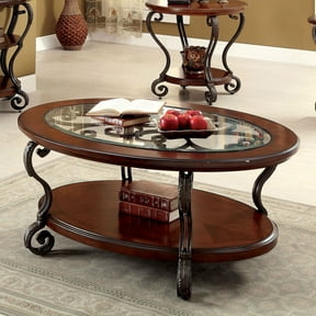 Traditional Style Brown Cherry Coffee Table with Glass Top and Open Bottom Shelf