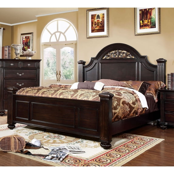 Traditional Style California King Size Bed Dark Walnut Finish Bedroom Furniture Solid wood Floral Design HB 1pc Bed