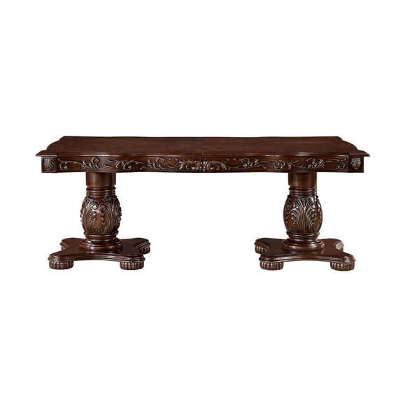 Traditional Style Dining Table With Extensible Leaves In Cherry, Gold Accents, Double Pedestal Base, 8 Seats Capacity Wooden Expandable Leaves, Cherry Color Finish, Pedestal, Person Seating