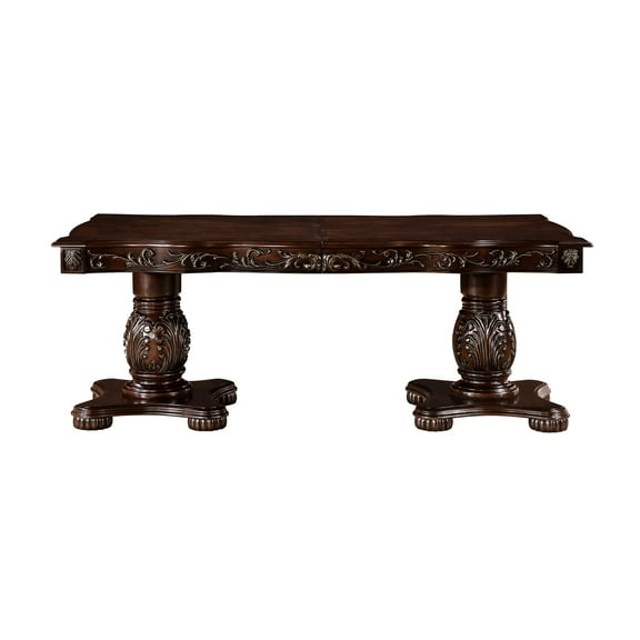 Traditional Style Dining Table With Extension Leaves In Cherry, Golden Detailing, Double Pedestal Base, Wood American Extendable Leaves, Cherry Finish, 8 Seating