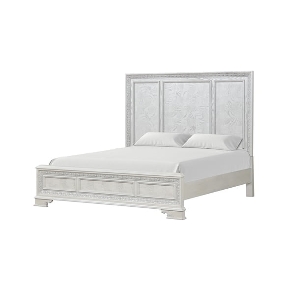 Traditional Style Eastern King Size 1pc Bed Set Two Paned Wooden Headboard Silver Brushed Creamy White Finish