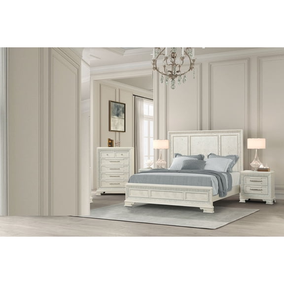 Traditional Style Eastern King Size 4pc Bed Dresser Beveled Mirror Nightstand Set Wooden Headboard French Dovetail Drawers Creamy White Finish
