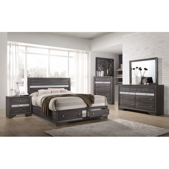 Traditional Style Full 5pc Storage Bedroom Set made with Wood in Gray