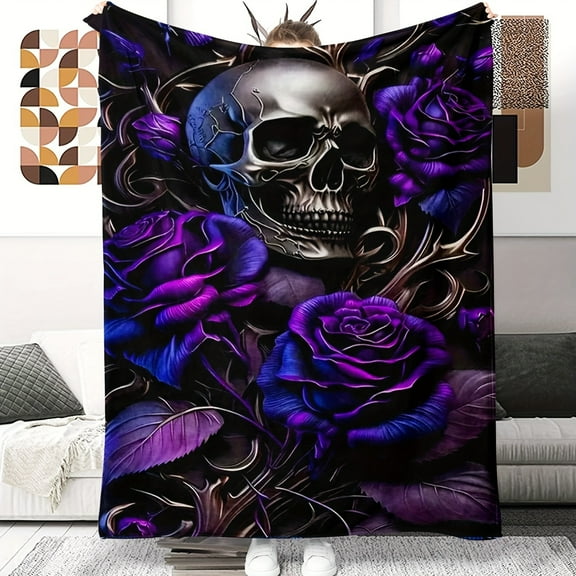 Traditional Style Hypoallergenic Flannel Throw Blanket with Skull and Roses Print - Hand Washable Digital Print Horror Theme Multipurpose Blanket for All Seasons