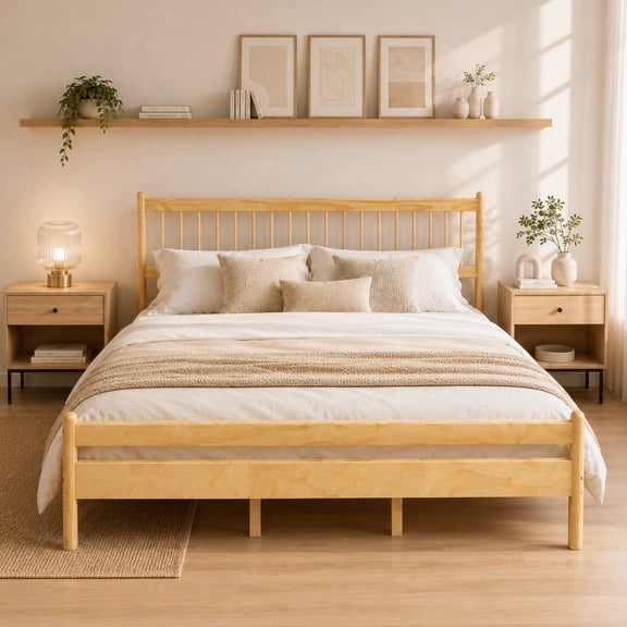 Traditional Style King Bed Frame, Solid Wood Platform Bed with 9.8" Under-Bed Storage, Modern Platform Bed with Windsor Headboard, Easy Assembly, No Box Spring Needed, Natural