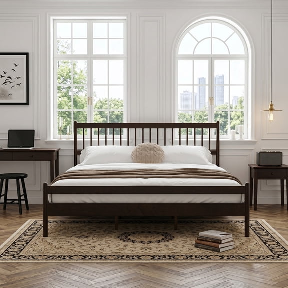 Traditional Style King Size Bed with Headboard and Footboard, Pinewood Bed with Strengthened Bed Frame