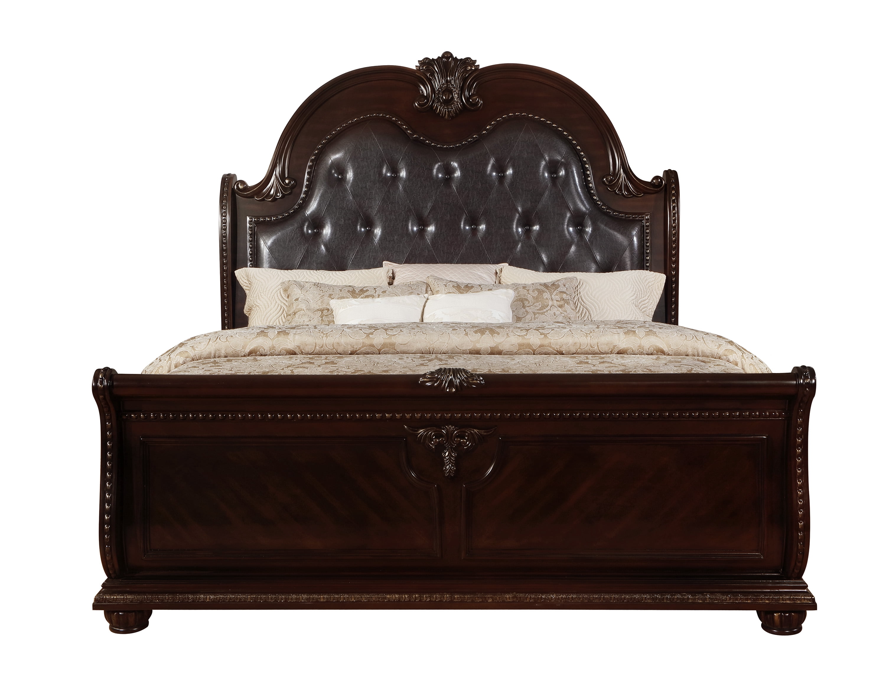 Traditional Style King Size Sleigh Bed with Button Tufted Faux Leather ...