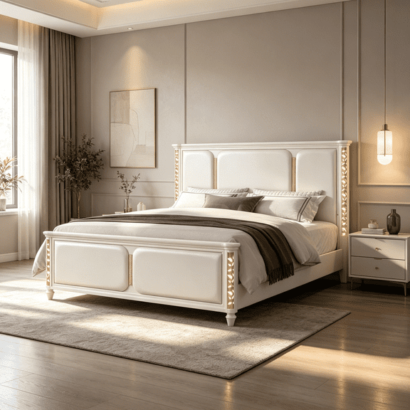 Traditional Style King Size Upholstered Bed Frame with LED Headboard, Beige Faux Leather, Box Spring Required