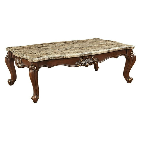 Traditional Style Marble and Wood Rectangular Coffee Table, Brown- Saltoro Sherpi