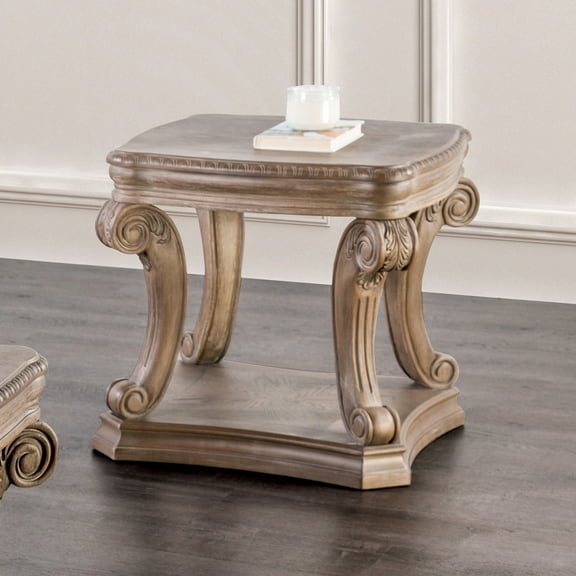 Traditional Style Oak Finish End Table With Scroll Legs open Storage Carved Details Coffee Table-Not Included