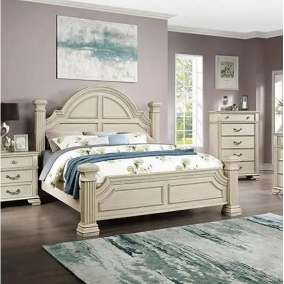 Traditional Style Queen Size Bed 1pc Antique White Posts Design Bedframe Unique Pattern Beds