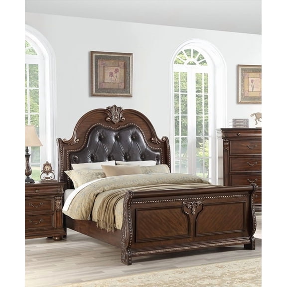 Traditional Style Queen Size Bed with Carved Padded Button Tufted Headboard in Brown