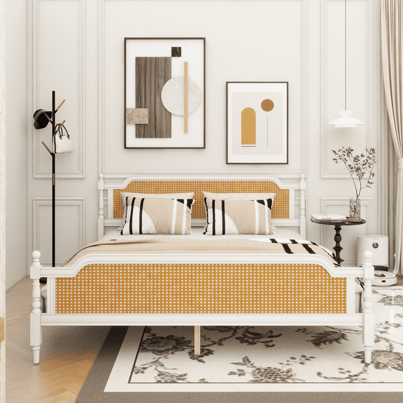 Traditional Style Rattan King Size Bed Frame,No Box Spring Needed,Antique White